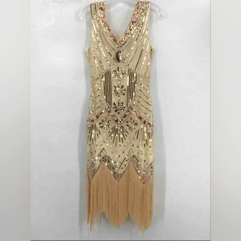 NEW Metme Dresigner Elegant Gold Beaded Fringe Gatsby Flapper Sequin Dress Small